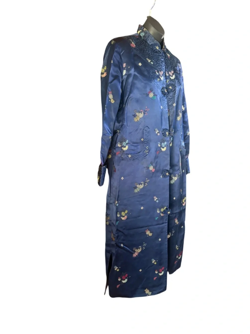 vintage Peony Brand Shanghai China embroidered blue brocade robe - Picture 3 of 13